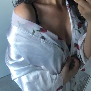 Silk w rosebud trim in sheer fabric and soft satin